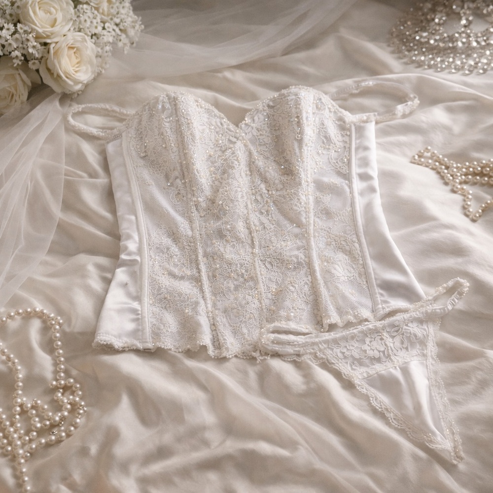 Shirley of Hollywood White Lace Bridal Corset Bustier & Thong Set Size 36 NWT